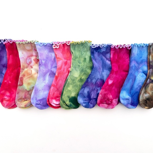 Colorful Ruffle Socks Ladies Blue Tie Dye Ankle Ruffle Socks Mid Crew Ice Dye - Picture 3 of 4